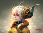  1girl antilous artist_name copyright_name grey_background horns looking_to_the_side monster_hunter parted_lips scales short_hair solo upper_body violet_eyes watermark white_hair 