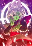  1boy chinese_clothes cowboy_shot dougi dragon_ball dragon_ball_super earrings evil_smile fighting_stance fire fused_zamasu gradient gradient_background green_skin half-closed_eyes highres jewelry long_sleeves looking_at_viewer male_focus pointy_ears potara_earrings shaded_face short_hair smile sparks spiky_hair tetsuyo upper_body white_hair 
