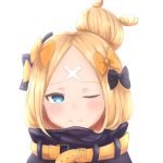 1girl abigail_williams_(fate/grand_order) absurdres bangs black_bow black_jacket blonde_hair blue_eyes blush bow closed_mouth commentary_request crossed_bandaids eyebrows_visible_through_hair fate/grand_order fate_(series) hair_bow hair_bun highres jacket long_hair looking_at_viewer one_eye_closed orange_bow parted_bangs polka_dot polka_dot_bow portrait sato_(r017xts117) simple_background solo white_background 