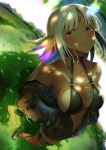  1girl azur_lane bangs bare_shoulders bikini_top black_footwear black_jacket blush body_markings boots breasts choker cleavage dark_skin day eyebrows_visible_through_hair feathers hair_feathers hands_in_pockets highres jacket large_breasts long_hair long_sleeves looking_at_viewer massachusetts_(azur_lane) multicolored_hair native_american navel open_clothes open_mouth outdoors partially_unzipped shade sidelocks silver_hair skindentation solo swimsuit swimsuit_under_clothes tan thigh_strap tsukimineko 