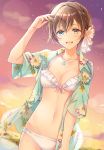  1girl :d aqua_shirt bangs bikini black_hair blue_eyes braid breasts collarbone commentary_request floral_print flower french_braid front-tie_bikini front-tie_top hair_flower hair_ornament hair_ribbon hand_up hawaiian_shirt highres jewelry looking_at_viewer mono_lith navel open_clothes open_mouth open_shirt original pendant print_shirt ribbon round_teeth shirt short_sleeves small_breasts smile solo sunset swimsuit teeth upper_teeth white_bikini white_flower white_ribbon 