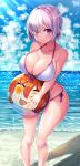  1girl absurdres beach beeyan bikini blue_sky breasts cleavage clouds collarbone commentary_request day eyebrows_visible_through_hair eyes_visible_through_hair fate/grand_order fate_(series) fujimaru_ritsuka_(female) hair_between_eyes hair_over_one_eye highres large_breasts lavender_hair light_particles looking_at_viewer mash_kyrielight objectification ocean orange_eyes orange_hair outdoors sand short_hair sky smile standing swimsuit tropical violet_eyes water wet white_bikini 