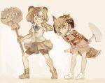  2girls animal_ears arms_behind_back bear_ears bear_paw_hammer bear_tail bike_shorts bird_tail bird_wings boots bow bowtie brown_bear_(kemono_friends) brown_hair buttons cane coat collared_shirt commentary_request elbow_gloves eurasian_eagle_owl_(kemono_friends) eyebrows_visible_through_hair fur_collar gloves head_wings kemono_friends konabetate long_sleeves multicolored_hair multiple_girls owl_ears pantyhose pleated_skirt shirt short_hair short_sleeves shorts shorts_under_skirt skirt sweatdrop tail weapon white_hair wings 