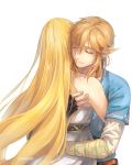  1boy 1girl artist_name bangs bare_shoulders blonde_hair blue_tunic closed_eyes closed_mouth dress earrings eorinamo fingerless_gloves from_behind gloves hair_between_eyes highres holding_another hug jewelry link long_hair long_sleeves pointy_ears princess_zelda standing strapless the_legend_of_zelda very_long_hair white_dress 