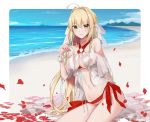  1girl bikini blonde_hair blush breasts closed_mouth fate/grand_order fate_(series) green_eyes long_hair looking_at_viewer nero_claudius_(fate) nero_claudius_(fate)_(all) qb_516 simple_background sitting smile solo swimsuit tagme 