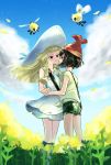  2girls bangs beanie black_hair blonde_hair blue_sky blush clouds couple creatures_(company) cutiefly dress eye_contact face-to-face game_freak gen_7_pokemon green_eyes green_shorts grey_eyes hand_holding hat highres imminent_kiss incoming_kiss leaning_forward lillie_(pokemon) long_hair looking_at_another minapo mizuki_(pokemon) multiple_girls nintendo petals pokemon pokemon_(game) pokemon_sm shirt short_hair shorts sky smile tied_shirt undershirt upper_body white_dress white_footwear white_hat wind yellow_petals yuri 