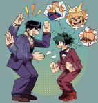  2boys all_might antenna_hair black_hair blue_eyes blue_suit boku_no_hero_academia circle clenched_hands formal freckles gesture glasses green_background green_hair iida_tenya male_focus midoriya_izuku multiple_boys opaque_glasses red_suit sparkle spoken_character squatting suit younger 