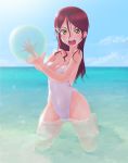  1girl ball beachball blue_sky breasts casual_one-piece_swimsuit cleavage clouds day hair_between_eyes hair_ornament hairclip highleg highleg_swimsuit highres horizon kneeling long_hair love_live! love_live!_sunshine!! medium_breasts ocean one-piece_swimsuit outdoors partially_submerged redhead sakurauchi_riko see-through sky solo swimsuit une water white_swimsuit yellow_eyes 