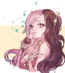  1girl artist_name blush brown_eyes brown_hair commentary_request ecru food hair_ribbon heterochromia ice_cream ice_cream_cone multicolored_hair neo_(rwby) pink_eyes pink_hair ribbon rwby solo tongue tongue_out twintails twitter_username v 