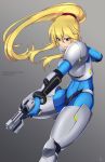  1girl alina_pegova armor blonde_hair blue_eyes bodysuit breasts commission gun long_hair medium_breasts metroid nintendo ponytail samus_aran simple_background skin_tight solo weapon zero_suit 