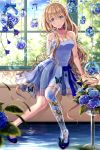  1girl absurdres anko_kinako blonde_hair blue_dress blue_eyes brown_hair bug butterfly dress earrings flower highres hydrangea insect jewelry leaf long_hair original parted_lips pixiv prosthesis ribbon tagme window 