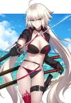  1girl ahoge bangs beach bikini black_bikini black_gloves black_jacket breasts choker cleavage clouds cloudy_sky collarbone commentary commentary_request cowboy_shot eyebrows_visible_through_hair fate/grand_order fate_(series) gloves hair_between_eyes highres holding holding_sword holding_weapon jacket jeanne_d&#039;arc_(alter_swimsuit_berserker) jeanne_d&#039;arc_(fate)_(all) large_breasts long_hair looking_at_viewer o-ring ocean open_mouth partial_commentary shiguru sky smile solo swimsuit sword thigh-highs thigh_strap weapon yellow_eyes 