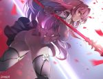  1girl ass bodysuit breasts closed_mouth covered_navel cowboy_shot damda fate/grand_order fate_(series) gae_bolg gloves hair_intakes holding holding_spear holding_weapon impossible_bodysuit impossible_clothes large_breasts long_hair looking_at_viewer petals polearm purple purple_bodysuit purple_gloves purple_hair red_eyes scathach_(fate)_(all) scathach_(fate/grand_order) signature solo spear thighs weapon 