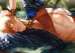  1boy au_(d_elite) blonde_hair blue_shirt blurry depth_of_field establishment_(fate/grand_order) fate/grand_order fate_(series) gilgamesh looking_at_viewer lying male_focus nipples on_side parted_lips pectorals red_eyes shallow_water shirt solo upper_body wet 