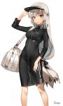  1girl absurdres altera_(fate) alternate_costume arm_up bag bangs black_dress blunt_bangs breasts chungu dark_skin dress duffel_bag eyebrows_visible_through_hair fate/grand_order fate_(series) feet_out_of_frame grey_hair hand_on_headwear high_collar highres long_sleeves looking_at_viewer medium_breasts mouth_hold red_eyes short_hair shoulder_bag signature simple_background solo standing veil visor_cap white_background 