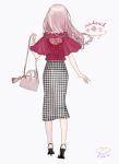  1girl 2018 ankle_strap artist_name back_cutout bag bracelet dated from_behind full_body grey_background hand_up high_heels holding holding_bag jewelry july lace long_hair long_skirt original pink_hair plaid plaid_skirt red_ribbon red_shirt ribbon ring shirt shoulder_bag signature simple_background skirt solo walking yua_(tick-tack) 