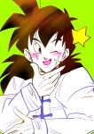 1boy ;d black_eyes black_hair blush chinese_clothes close-up dragon_ball dragonball_z gradient green green_background hand_on_own_chin happy highres long_hair long_sleeves looking_away male_focus one_eye_closed open_mouth scar shirt simple_background smile star tetsuyo upper_body white_shirt yamcha yellow 