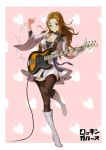  1girl absurdres bass_guitar black_choker black_legwear blush boots breasts brown_eyes brown_hair choker cleavage goodotaku hand_up highres instrument knee_boots long_hair medium_breasts music original pink_background playing_instrument skirt smile standing thigh-highs white_footwear white_skirt wide_sleeves 