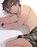  1boy bare_chest black_hair blue_eyes camouflage closed_mouth fate/grand_order fate_(series) fujimaru_ritsuka_(male) highres jewelry looking_at_viewer lying male_focus male_swimwear necklace on_side shadow smile solo swim_trunks swimwear tan tanline watch 