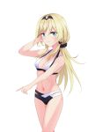  1girl an-94_(girls_frontline) arrichee bikini blonde_hair blue_eyes breasts cleavage closed_mouth girls_frontline hand_in_hair highres long_hair looking_at_viewer solo swimsuit white_background 