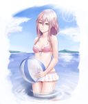  1girl alternate_costume ball beachball bikini bow_bikini breasts cleavage fattybot guilty_crown hair_between_eyes highres lace lace-trimmed_bikini long_hair purple_hair ripples small_breasts solo swimsuit violet_eyes wading yuzuriha_inori 