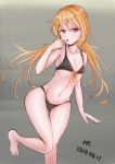  1girl barefoot bikini black_bikini blonde_hair dated feet_out_of_frame finger_to_mouth flat_chest gluteal_fold gradient gradient_background grey_background kantai_collection logiclr long_hair satsuki_(kantai_collection) solo standing standing_on_one_leg swimsuit thigh_gap twintails yellow_eyes 