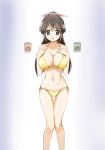  1girl bikini black_eyes black_hair breasts cleavage cup feet_out_of_frame gradient gradient_background large_breasts long_hair looking_at_viewer original ponytail side-tie_bikini solo standing swimsuit thigh_gap white_background yellow_bikini yunomi 
