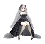  1girl azur_lane bangs bare_shoulders black_gloves black_hair black_wedding_dress blush breasts bridal_veil bride choker cleavage closed_mouth commentary_request elbow_gloves eyebrows_visible_through_hair gloves grey_hair hair_between_eyes highres jchoy looking_at_viewer medium_breasts multicolored_hair roon_(azur_lane) short_hair simple_background smile solo streaked_hair veil white_background 