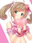  1girl absurdres arm_strap bangs blush breasts brown_hair crop_top eyebrows_visible_through_hair floating_hair green_eyes hair_ornament hair_ribbon head_tilt heart heart_hair_ornament highres idolmaster idolmaster_cinderella_girls idolmaster_cinderella_girls_starlight_stage long_hair looking_at_viewer midriff navel pink_ribbon red_ribbon ribbon satou_shin small_breasts smile solo stomach swept_bangs twinameless twintails upper_body white_background wrist_cuffs 