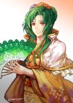 1girl elincia_ridell_crimea fan fire_emblem fire_emblem:_akatsuki_no_megami fire_emblem:_souen_no_kiseki fire_emblem_heroes floral_print green_hair hair_ornament highres holding holding_fan japanese_clothes jin_(phoenixpear) kimono long_hair obi parted_lips sash simple_background solo twitter_username wide_sleeves yellow_eyes yukata 
