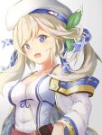  1girl :d bangs bare_shoulders belt beret blonde_hair blue_eyes blue_ribbon blush breasts camisole cleavage collarbone covered_navel cucouroux_(granblue_fantasy) eyebrows_visible_through_hair eyelashes gradient gradient_background granblue_fantasy green_ribbon grey_background hair_ribbon hat jacket long_hair looking_at_viewer medium_breasts off_shoulder open_mouth plaid plaid_ribbon pnt_(ddnu4555) red_belt rei_no_himo ribbon sidelocks simple_background slit_pupils smile solo spaghetti_strap standing swept_bangs twintails upper_body white_beret white_camisole white_jacket 