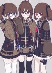  3girls adjusting_eyewear ags-30_(girls_frontline) ahoge belt black_legwear blue_eyes brown_eyes brown_hair character_name girls_frontline glasses hair_ornament highres looking_at_viewer military military_operator military_uniform multiple_girls open_mouth papaia_(quentingqoo) ponytail pouch red_eyes side_ponytail simple_background thigh-highs twintails uniform white_legwear 