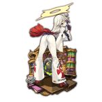  1girl ahoge artist_request ass ass_focus ball_and_chain bodysuit book bookshelf candy food full_body guilty_gear guilty_gear_xrd halo jack-o&#039;_valentine last_period lollipop long_hair looking_back multicolored_hair pants red_eyes redhead two-tone_hair very_long_hair white_hair 