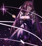  1girl absurdres breasts cleavage cleavage_cutout collar dark_background dress fate/grand_order fate_(series) fur_trim hair_between_eyes highres large_breasts light_trail long_hair looking_at_viewer open_mouth polearm purple_dress purple_hair red_eyes scathach_(fate)_(all) scathach_(fate/grand_order) scathach_skadi_(fate/grand_order) skymax smile solo teeth tiara wand weapon 