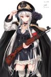  1girl adjusting_clothes adjusting_hat aiguillette armband baek_hyang baggy_clothes bangs belt black_coat black_footwear black_hat black_skirt blush bolt_action boots breasts cleavage coat cowboy_shot cross-laced_footwear dated double-breasted eyebrows_visible_through_hair fur-trimmed_coat fur_trim girls_frontline gun hair_between_eyes hat highres holding holding_gun holding_weapon iron_cross jacket_on_shoulders kar98k_(girls_frontline) lace-up_boots long_hair looking_at_viewer mauser_98 medium_breasts military military_uniform peaked_cap red_eyes rifle shirt signature silver_hair simple_background skirt smile solo thigh-highs thigh_boots thighs twitter_username uniform very_long_hair weapon white_background white_hair 