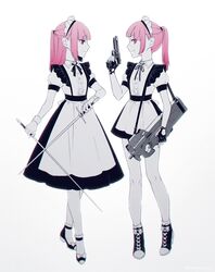  2girls beretta_92 blurry bullpup fingerless_gloves gloves goshi-san gun handgun highres holding holding_gun holding_sword holding_weapon limited_palette maid maid_headdress multiple_girls original p90 pink_eyes pink_hair ponytail rapier siblings sisters submachine_gun sword trigger_discipline twins weapon white_background 