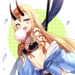  1girl bare_shoulders bikini black_bikini blonde_hair blue_kimono blush breasts brown_eyes commentary cotton_candy dutch_angle eating facial_mark facial_tattoo fangs fate/grand_order fate_(series) fingernails floral_print food forehead_mark front-tie_bikini front-tie_top highres holding holding_food ibaraki_douji_(fate/grand_order) ibaraki_douji_(swimsuit_lancer)_(fate) japanese_clothes kimono long_fingernails long_hair long_sleeves oni_horns open_clothes open_kimono open_mouth pointy_ears print_kimono red_ribbon ribbon sada_(sadahalu) shoulder_tattoo small_breasts solo sparkle_background straight_hair swimsuit tattoo upper_body very_long_hair water_drop 
