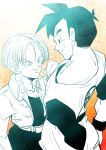  2boys amputee belt black_eyes black_hair black_shirt clenched_hand clothes_writing dougi dragon_ball dragonball_z eyebrows_visible_through_hair facing_away gradient gradient_background hands_on_another&#039;s_chest happy height_difference highres jacket looking_at_another looking_down male_focus multiple_boys orange_background profile scar shirt short_hair simple_background smile son_gohan tetsuyo trunks_(dragon_ball) upper_body white_background wristband 