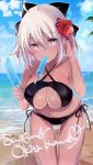  1girl bare_arms bare_shoulders beach bikini black_bikini black_bow blue_sky bow breasts character_name cleavage cleavage_cutout clouds cloudy_sky collarbone commentary_request criss-cross_halter dark_skin day english fate/grand_order fate_(series) flower food food_in_mouth hair_bow hair_flower hair_ornament halterneck holding holding_food horizon koha-ace large_breasts leaning_forward long_hair mouth_hold navel ocean okita_souji_(alter)_(fate) okita_souji_(fate)_(all) outdoors popsicle red_flower sand side-tie_bikini silver_hair sky solo standing swimsuit water yuge_(mkmk) 