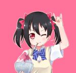 1girl black_hair blush bow closed_mouth eyebrows_visible_through_hair hair_bow linda_b looking_at_viewer love_live! love_live!_school_idol_project one_eye_closed pink_background pink_bow pink_eyes shaved_ice short_sleeves simple_background smile solo spoon spoon_in_mouth upper_body yazawa_nico 
