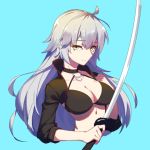  1girl bra breasts cleavage fate/grand_order fate_(series) hand_on_sword jeanne_d&#039;arc_(fate)_(all) long_hair looking_at_viewer silver_hair simple_background solo sword underwear weapon yellow_eyes yueye_(blbl-y) 
