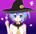  1girl :3 black_hat blue_eyes blue_hair blush candy closed_mouth collarbone eyebrows_visible_through_hair food gradient gradient_background halloween hat linda_b linda_b_(linda_b) lollipop looking_at_viewer original purple_background short_hair short_twintails simple_background sleeveless smile solo twintails upper_body witch_hat 