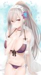  1girl absurdres alternate_costume arm_support azur_lane bangs bikini blush braid breasts choker cleavage closed_mouth collarbone commentary_request crown_braid dunkerque_(azur_lane) earrings flower flying_sweatdrops front-tie_bikini front-tie_top grey_hair groin hair_between_eyes hair_flower hair_ornament hairband hand_up highres jewelry large_breasts long_hair looking_at_viewer navel pink_eyes ponytail purple_bikini ru_zhai see-through shirt sidelocks sitting solo stomach swimsuit thighs white_shirt 