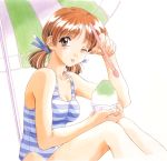  1girl 90s ;p beach_umbrella blue_swimsuit blush breasts brown_eyes brown_hair cleavage cup holding holding_cup kai_tomohisa looking_at_viewer official_art one_eye_closed sentimental_graffiti shaved_ice short_hair short_twintails small_breasts solo striped striped_swimsuit swimsuit tongue tongue_out traditional_media twintails umbrella watercolor_(medium) 