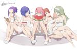  5girls absurdres aqua_eyes artist_name blue_eyes brown_hair character_request chinese_commentary closed_eyes commentary_request darling_in_the_franxx dated dress eating fan fanning food fruit glasses gorgeous_mushroom green_eyes green_hair highres horns hot ichigo_(darling_in_the_franxx) long_hair looking_at_another multiple_girls pink_hair reading short_hair signature simple_background sitting sundress violet_eyes watermelon white_background white_dress zero_two_(darling_in_the_franxx) 