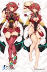  1girl bangs barefoot bed_sheet black_gloves boots breasts center_opening closed_eyes commission covered_navel cuddly_octopus dakimakura earrings eyebrows_visible_through_hair finger_to_mouth fingerless_gloves flower full_body gloves hat hat_removed headwear_removed highres pyra_(xenoblade) jewelry large_breasts looking_at_viewer micro_shorts multiple_views red_eyes red_legwear red_shorts redhead sheet_grab short_hair shorts straw_hat swept_bangs thigh-highs tiara tony_guisado watermark web_address xenoblade_(series) xenoblade_2 