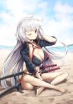  1girl bare_legs barefoot beach bikini black_bikini black_gloves black_jacket blue_sky blush breasts brown_eyes cleavage closed_mouth clouds cloudy_sky commentary_request day fate/grand_order fate_(series) gloves hand_up horizon jacket jeanne_d&#039;arc_(alter_swimsuit_berserker) jeanne_d&#039;arc_(fate)_(all) large_breasts long_hair long_sleeves o-ring o-ring_bikini o-ring_top ocean one_eye_closed outdoors sand silver_hair sitting sky solo swimsuit toenails twitter_username tyone very_long_hair water 