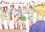  2girls 5boys ;d agravain_(fate/grand_order) arms_up artoria_pendragon_(all) artoria_pendragon_(lancer) bare_chest bedivere bikini_briefs black_hair blonde_hair cocktail_glass cup drinking_glass fate/grand_order fate_(series) gawain_(fate/extra) grand_dobu hand_behind_head lancelot_(fate/grand_order) male_underwear merry_christmas mordred_(fate) mordred_(fate)_(all) multiple_boys multiple_girls one_eye_closed open_mouth ornament purple_hair redhead simple_background sketch smile standing standing_on_one_leg star thumbs_up tinsel tristan_(fate/grand_order) unamused underwear violet_eyes white_background 