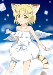  1girl absurdres angel_wings animal_ears bare_shoulders blonde_hair cat_ears cat_tail clouds collarbone commentary cube dress extra_ears hair_ornament hairclip highres kemono_friends leg_garter looking_at_viewer sand_cat_(kemono_friends) sandstar shiraha_maru short_hair smile solo strapless strapless_dress tail white_dress wings wrist_cuffs yellow_eyes 
