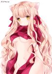  1girl animal_ears bangs blonde_hair blush breasts cat_ears closed_mouth commentary_request eyebrows_visible_through_hair groin long_hair looking_at_viewer medium_breasts naked_scarf nanase_kureha nanase_nao navel original purple_scarf scarf simple_background solo twitter_username under_boob very_long_hair white_background yellow_eyes 